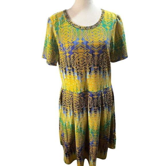 LuLaRoe Women's 3X Amelia Dress Yellow Blue Green Aztec Pleated Round Neck - Picture 1 of 9